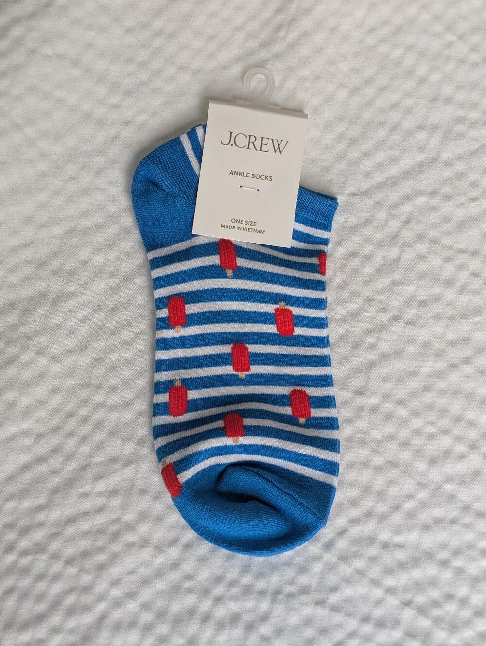 NWT J. Crew Women's Blue & White Striped Ankle Socks With Red Popsicles One Size